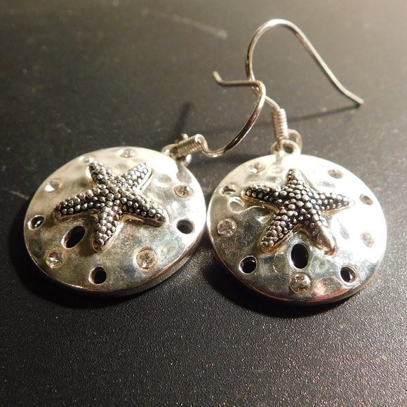 silver tone sand dollar rhinestone earrings - Picture 2 of 4